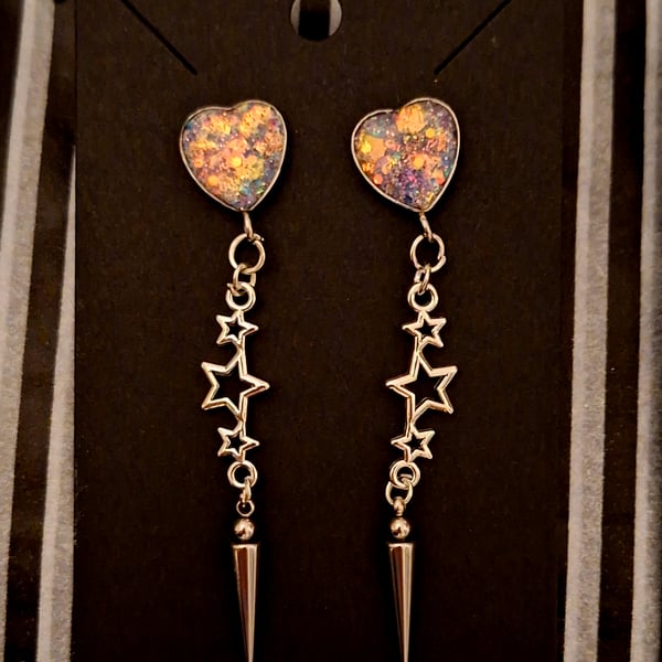 Gothic stars heart spike pink glitter stud earrings emo punk alternative 