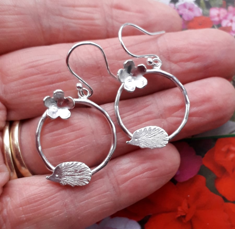 Silver Hedgehog Earrings with flower detail, circle earrings Sterling Silver 925