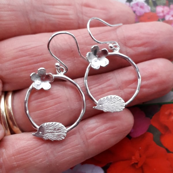 Silver Hedgehog Earrings with flower detail, circle earrings Sterling Silver 925