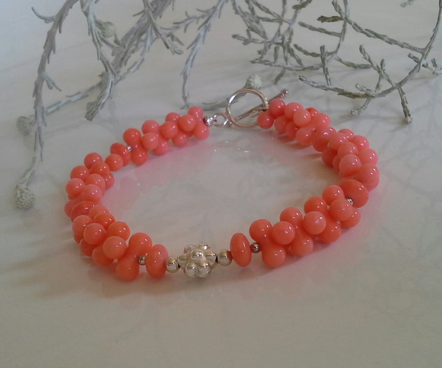 Eco Dyed Peach Coral Peanut Cut Sterling Silver Bracelet