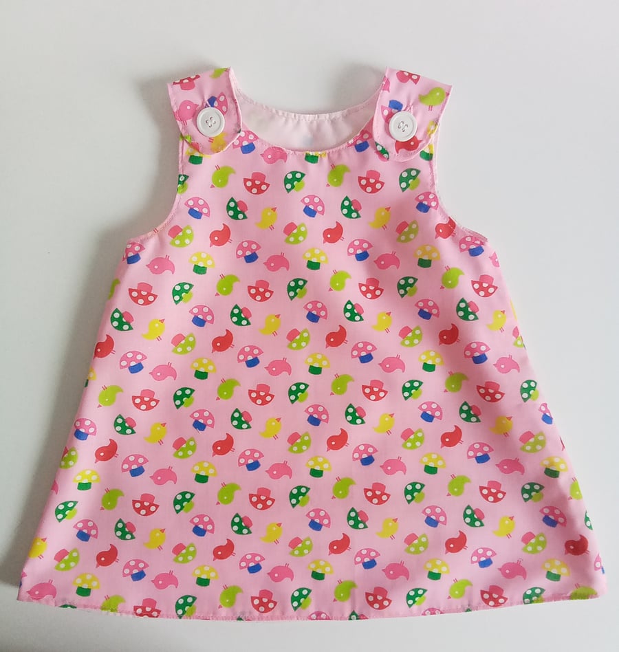 Pink summer dress, 12-18 months, A Line dress, birds, toadstools, 