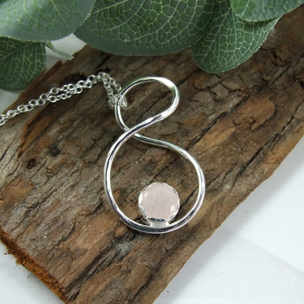 Rose Quartz Necklace, Sterling Silver Twisted Infinty Loop Pendant