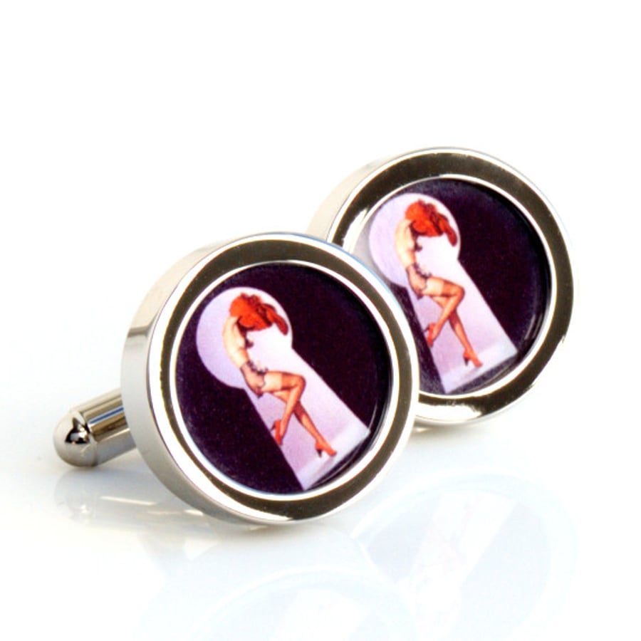 Pinup Cufflinks Girl Undressing Through the Keyhole