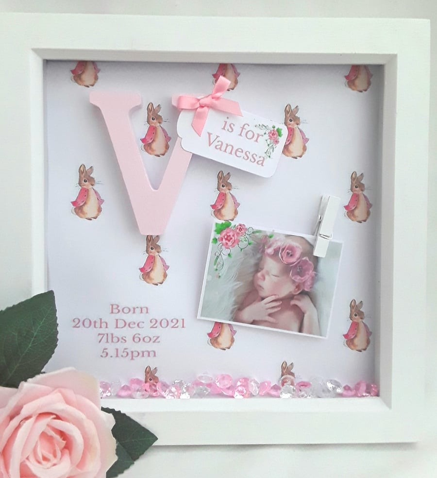 New baby girl frame,flopsy bunny nursery decor, baby keepsake frame, flopsy bunn