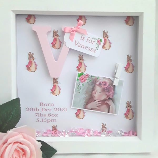 New baby girl frame,flopsy bunny nursery decor, baby keepsake frame, flopsy bunn