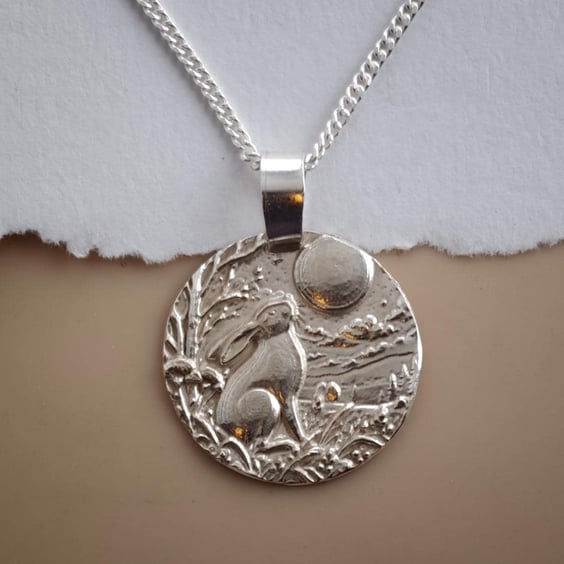 Winter Moongazing Hare Coin Necklace Deep Engraved Recycled Sterling Silver Chri