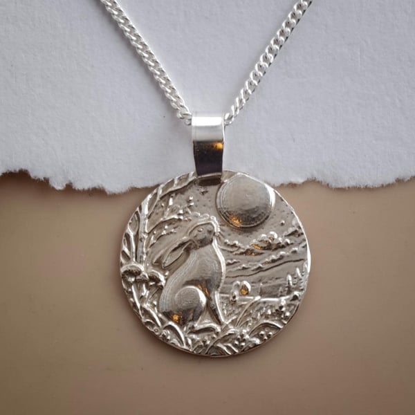 Winter Moongazing Hare Coin Necklace Deep Engraved Recycled Sterling Silver Chri