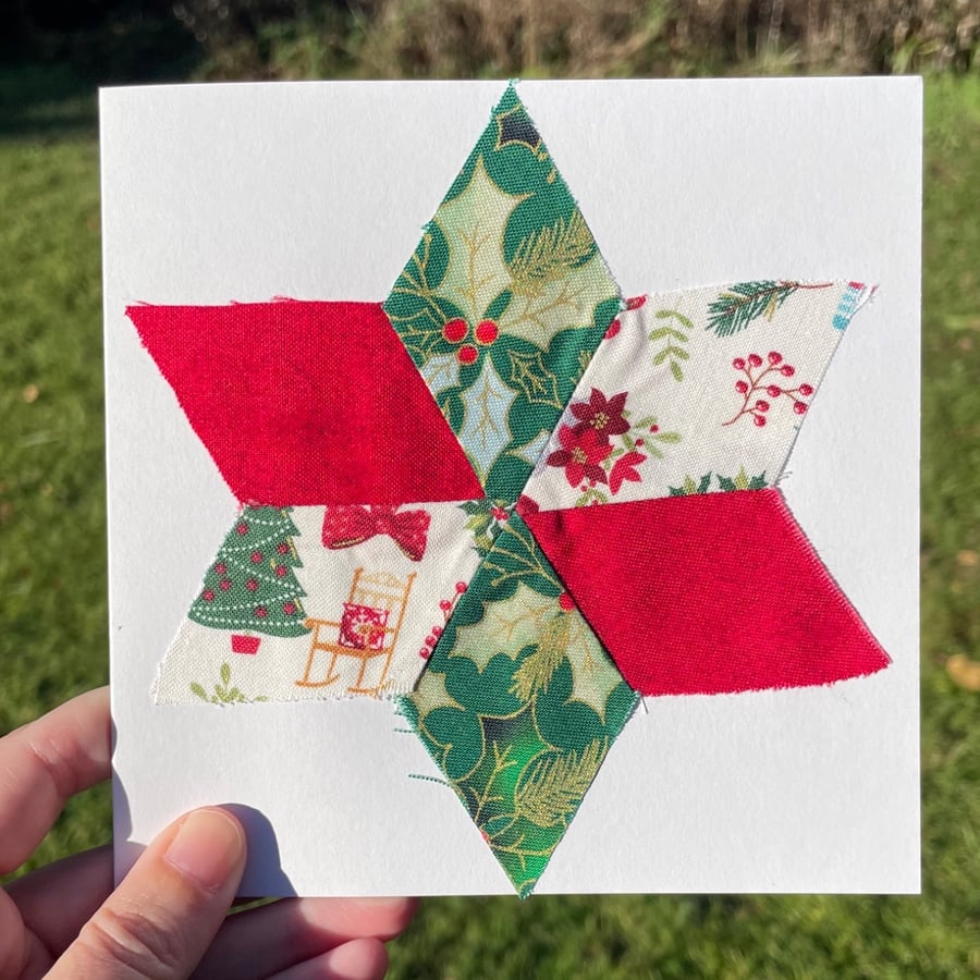 Fabric Patchwork star Christmas card, Textile card, recycled card