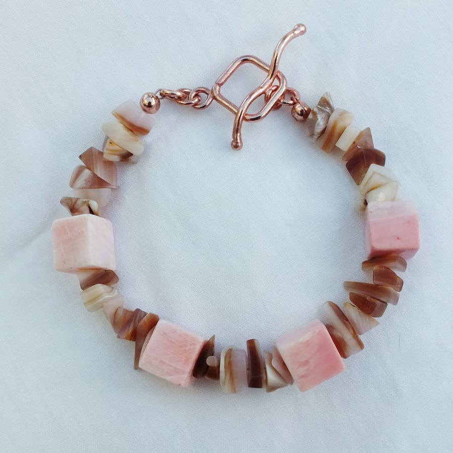Shell Bracelet Pink and Cream Shell Rose Gold Plated Clasp
