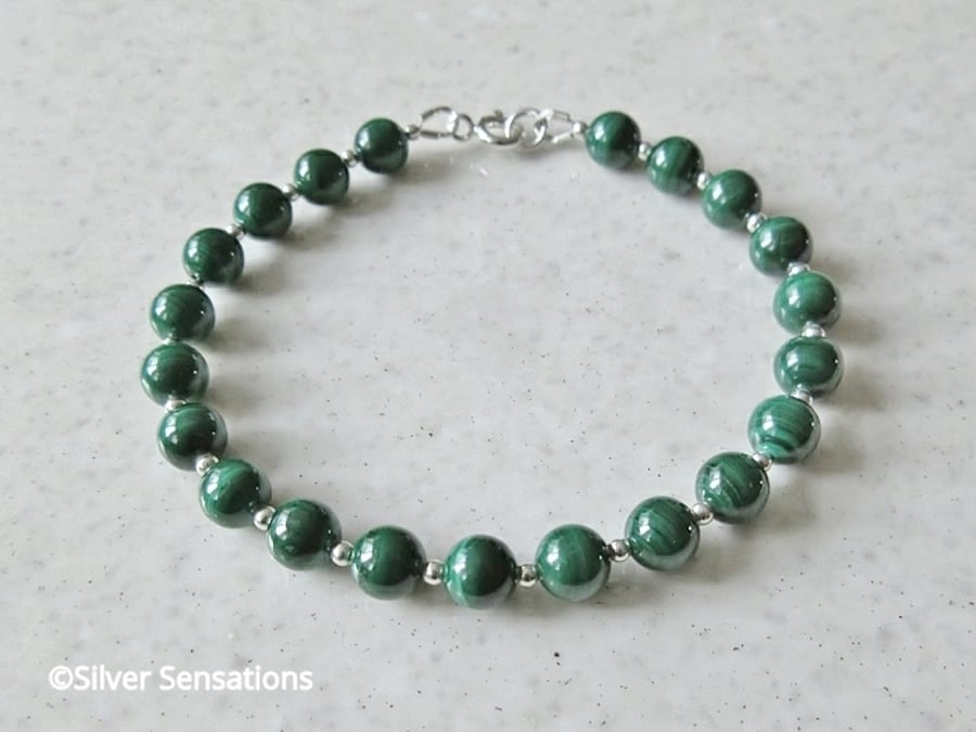Natural Green Malachite Gemstone Beaded Bracelet With Sterling Silver