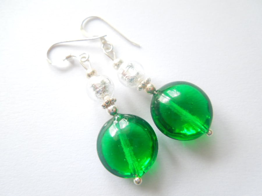 Murano Glass earrings with green lentil beads and sterling silver.