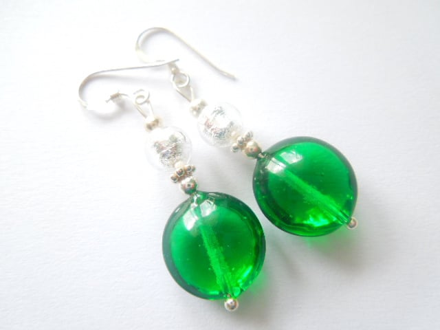 Murano Glass earrings with green lentil beads and sterling silver.