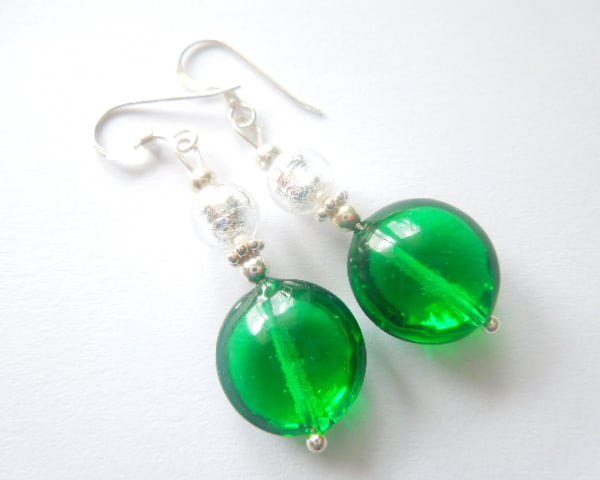 Murano Glass earrings with green lentil beads and sterling silver.