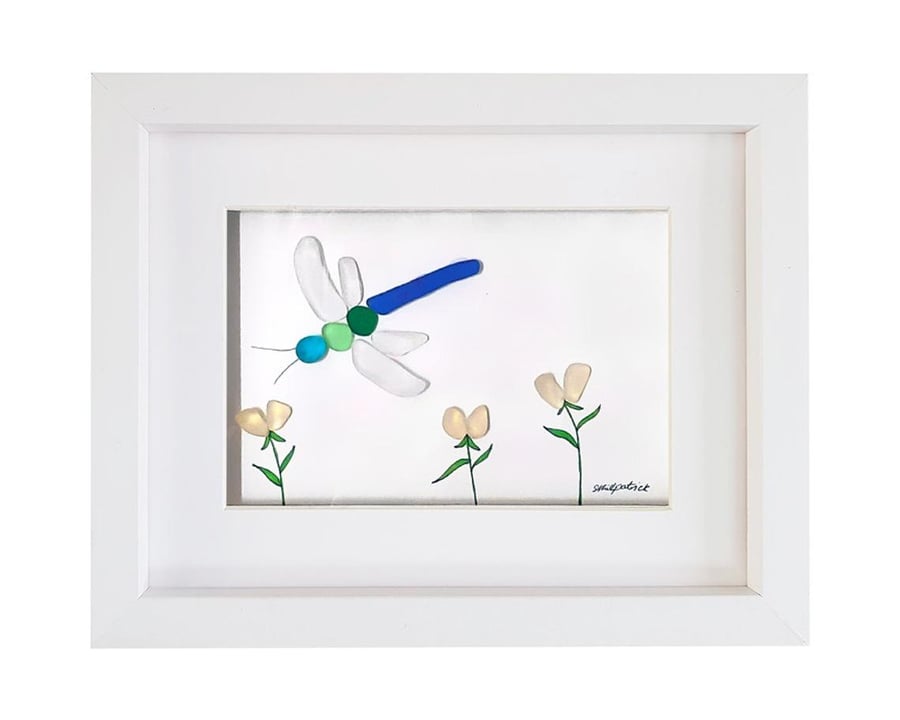 Dragonfly - Sea Glass & Pebble Picture Framed Unique Handmade Art