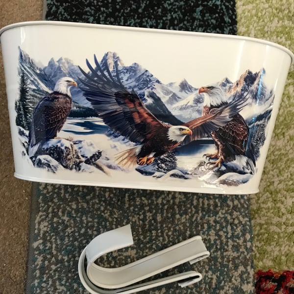 White fence planter with gorgeous eagles motif 