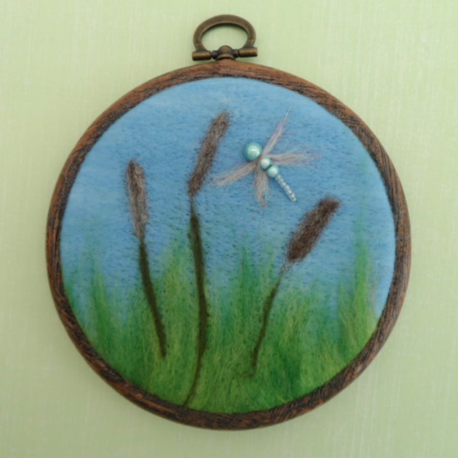 Needle felted Picture - Dragonfly in the Bulrush - REDUCED