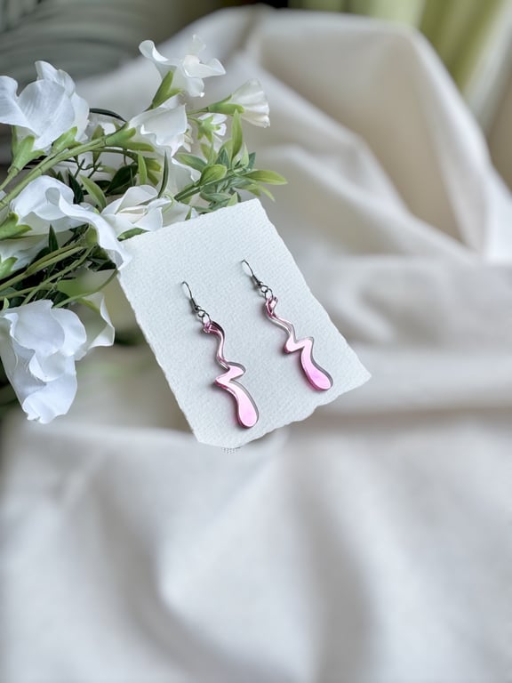 Pink Mirror Squiggle Acrylic Earrings - Abstract Wavy Line Dangles
