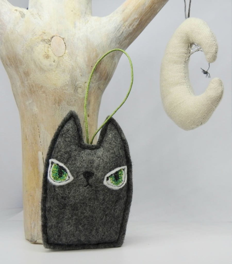 Felt Cat & Linen Moon With Spider & Web