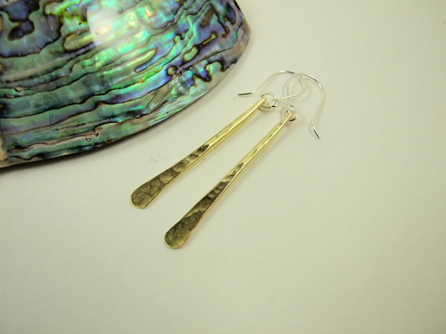 Earrings, Hammered Brass Dropper with Sterling Silver
