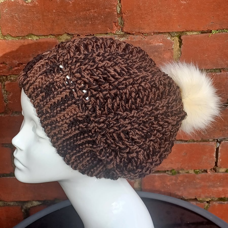 Chunky winter hat chocolate colours with cream colour fur pompom Slouchy beanie