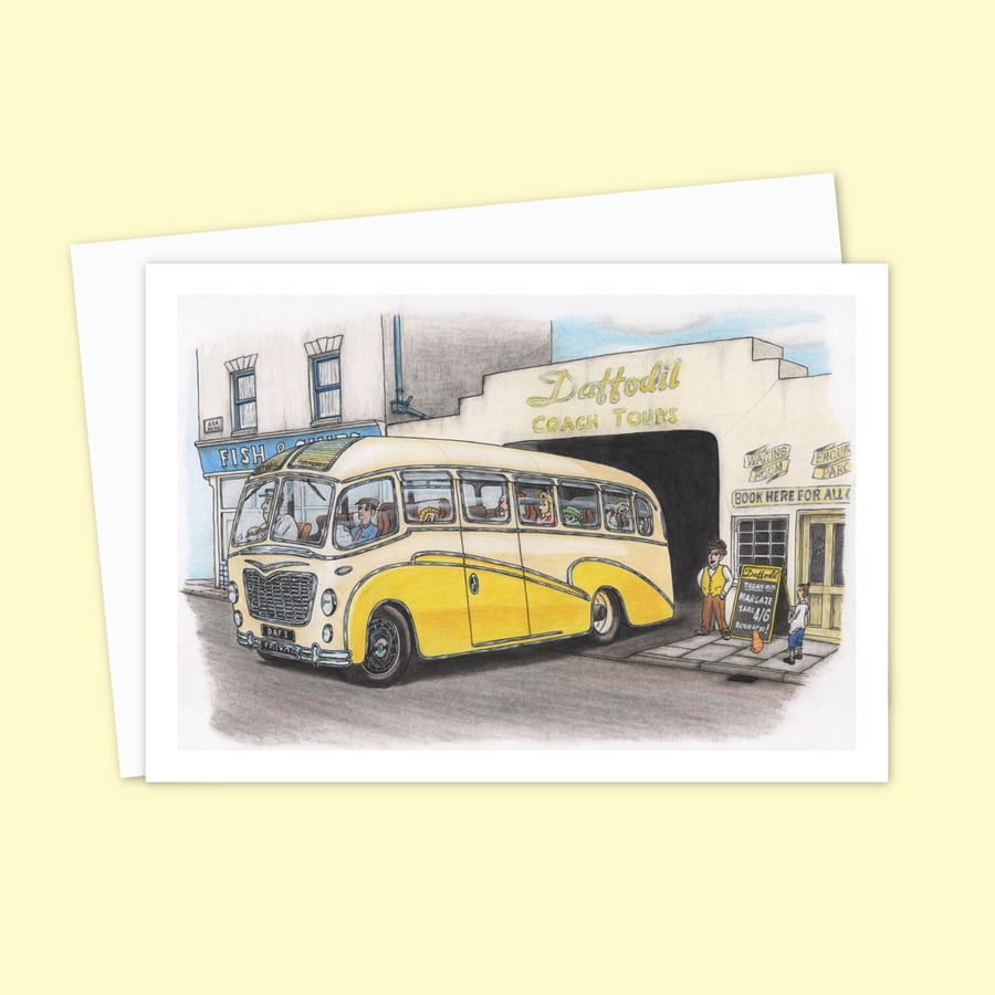 Vintage Coach Trip Greeting Card: Hand Drawn Nostalgic Art (326)