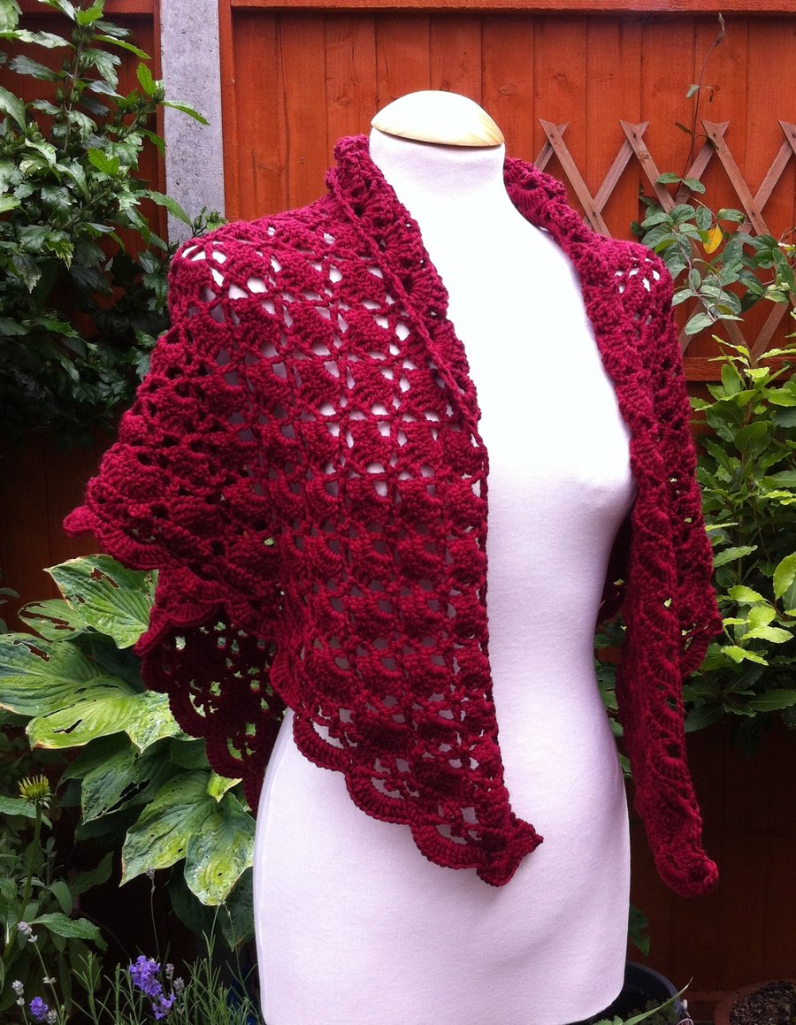 Deep Red Australian Merino Wool Crochet Shawl