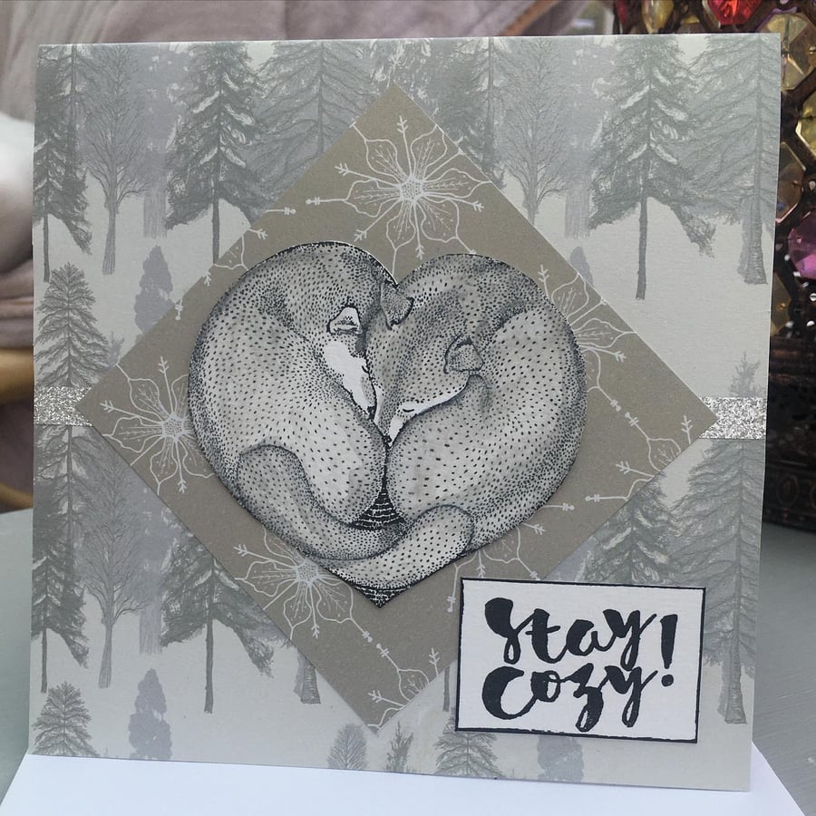 Stay cozy sleeping foxes christmas or anniversary card