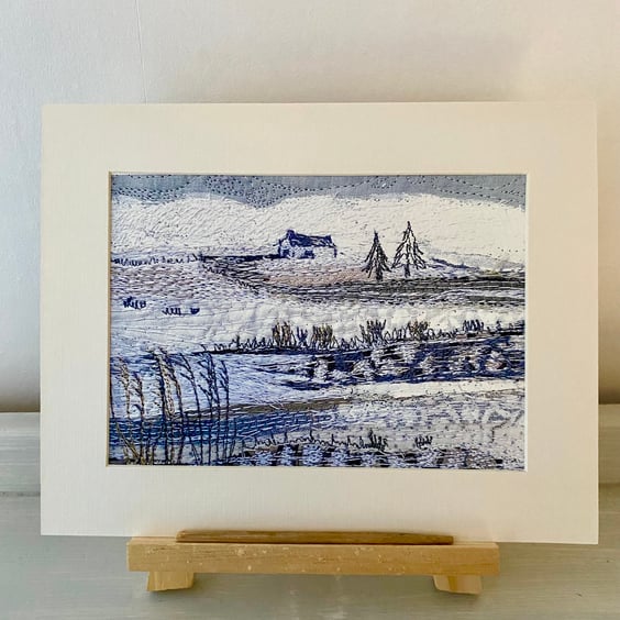 Bothy in the snow, original embroidered textile print