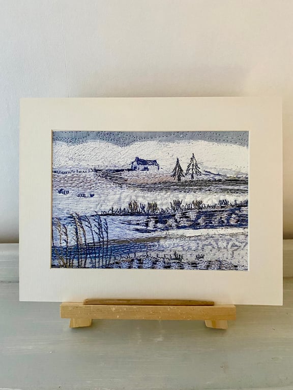 Bothy in the snow, original embroidered textile print