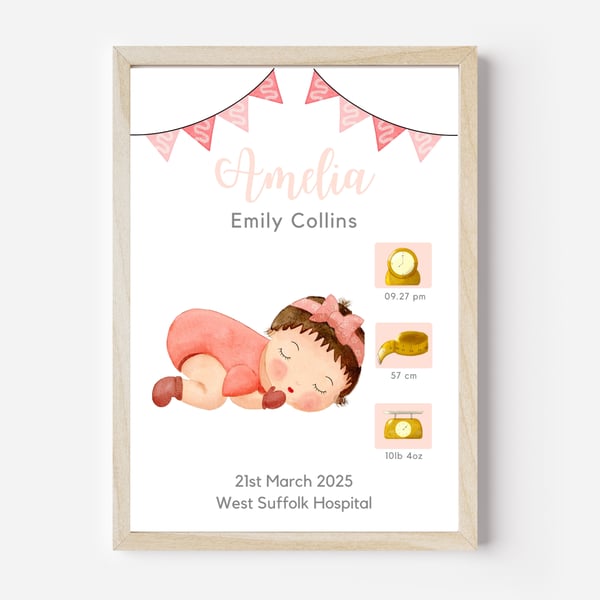 Personalised baby girl nursery wall art print with babys name and birth details