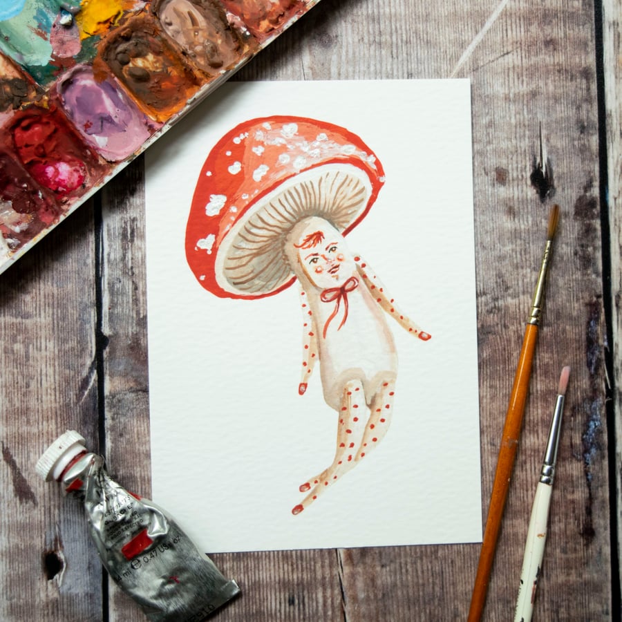Mini illustration print of a mushroom called Wilder. Hand embellished 