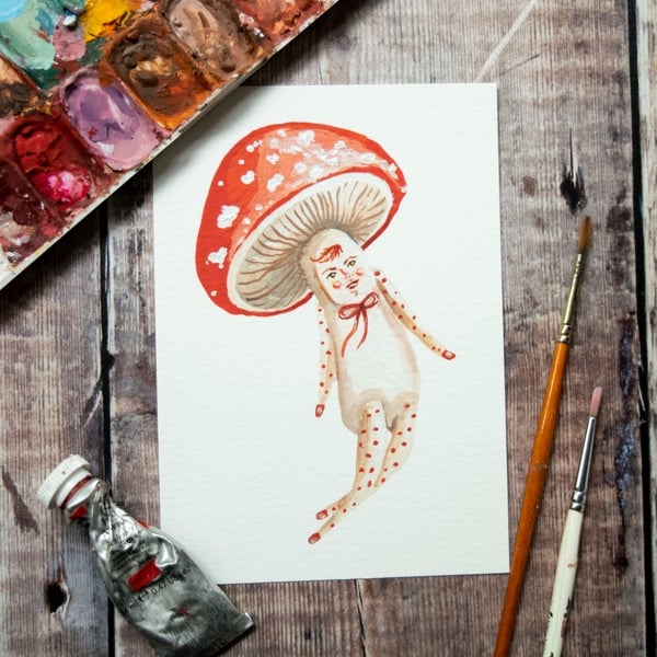 Mini illustration print of a mushroom called Wilder. Hand embellished 