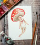 Mini illustration print of a mushroom called Wilder. Hand embellished 