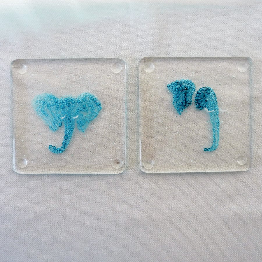 Elephant blue bubble fused glass coasters. Set of two