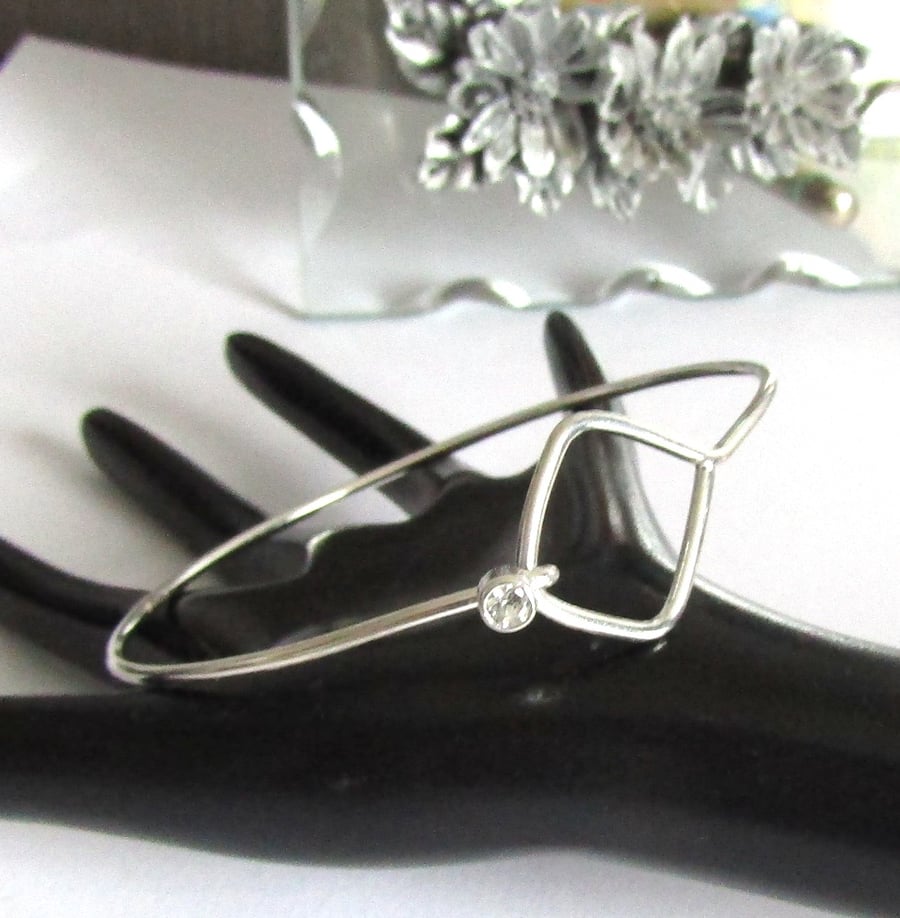 Skinny Sterling silver bangle with geometric design small adult