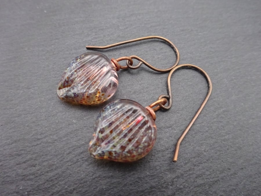 copper earrings, lampwork glass leaves