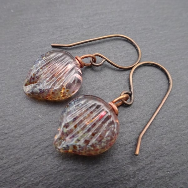 copper earrings, lampwork glass leaves