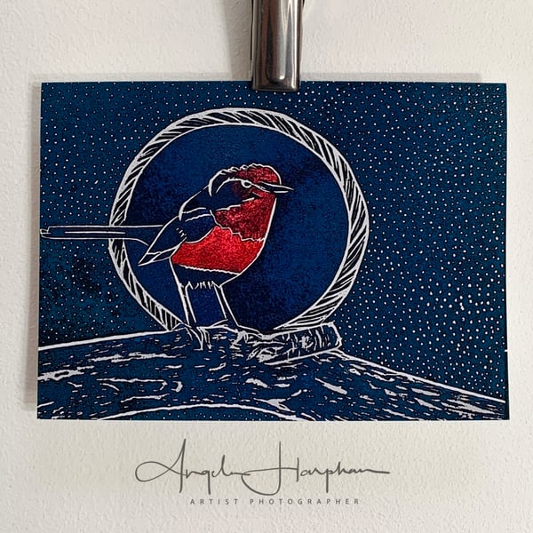 Robin Christmas Winter Festival Card - Blank - Printed from Original Lino Cut