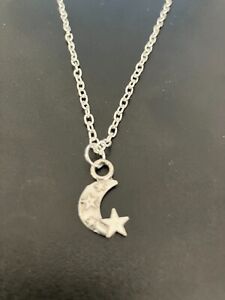 moon with stars pendant necklace silver plated 18" curb chain