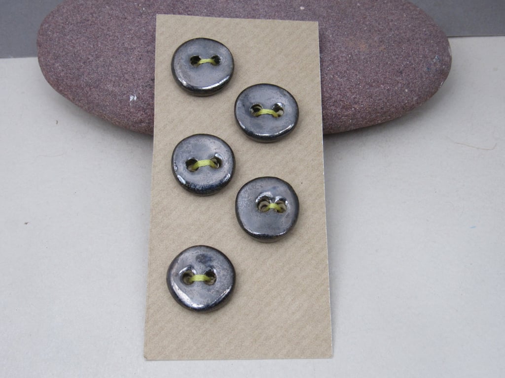 5 Small Round Metallic Silver Ceramic Buttons