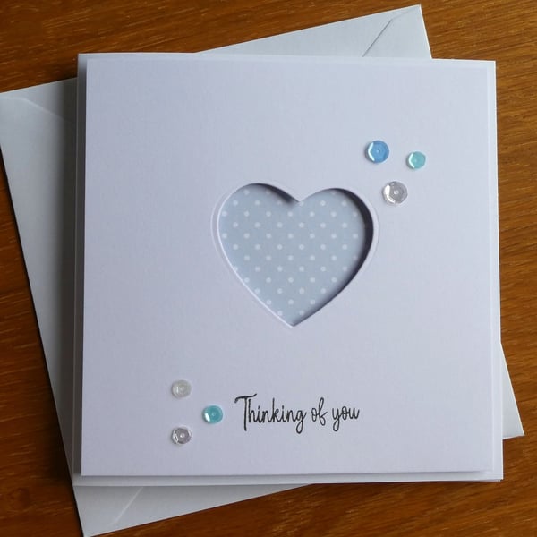 Thinking of You Card - Pale Blue and White Polka Dot Heart Aperture