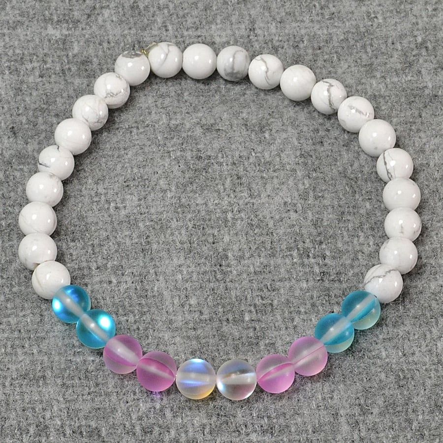 Trans Flag Mermaid Glass and White Howlite Elastic Bracelet