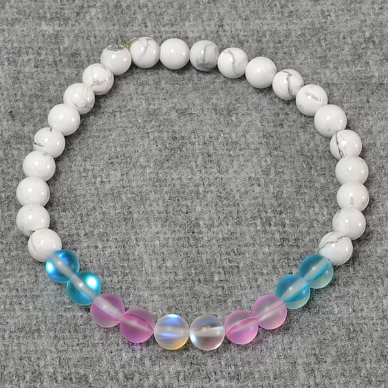 Trans Flag Mermaid Glass and White Howlite Elastic Bracelet