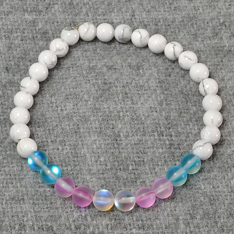 Trans Flag Mermaid Glass and White Howlite Elastic Bracelet