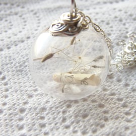Dandelion Seed and Scroll Message Glass Globe Necklace, Make a Wish