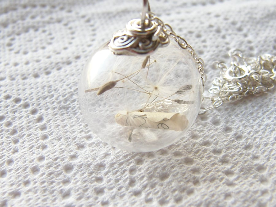 Dandelion Seed and Scroll Message Glass Globe Necklace, Make a Wish