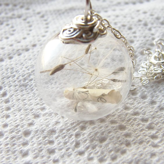 Dandelion Seed and Scroll Message Glass Globe Necklace, Make a Wish