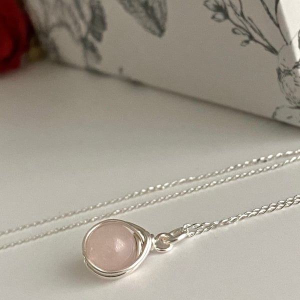 Rose Quartz Silver Wire Wrapped Pendant Necklace