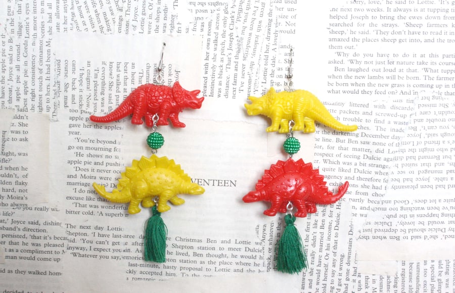 Yellow. Red and Green Toy Dinosaur Tassel Statement Earrings