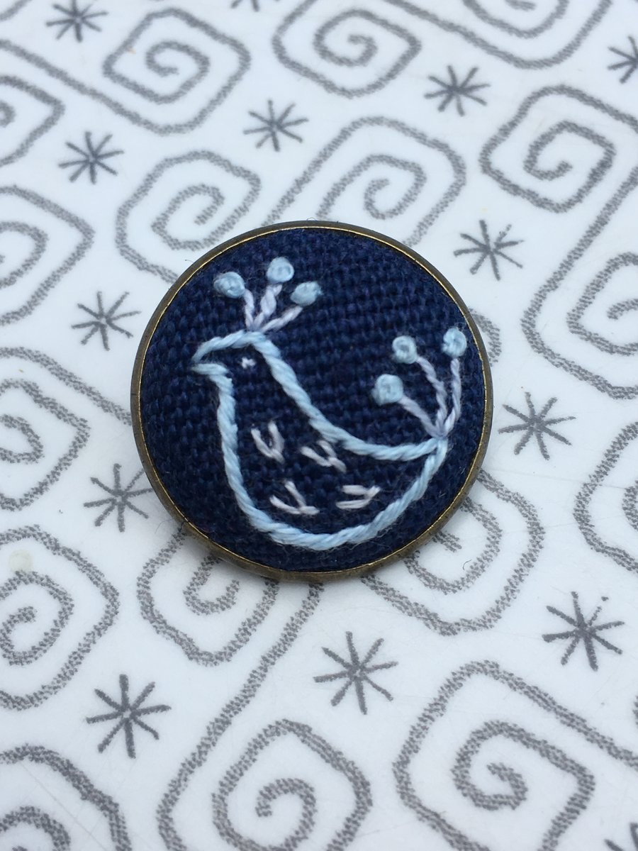Hand Embroidered Blue Bird Brooch 